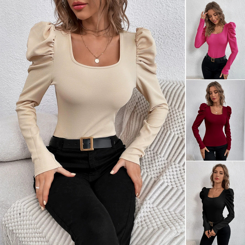 ZARA Fashionable Square Neck Slim Fit Knit Work Top with Leg of Mutton Sleeve